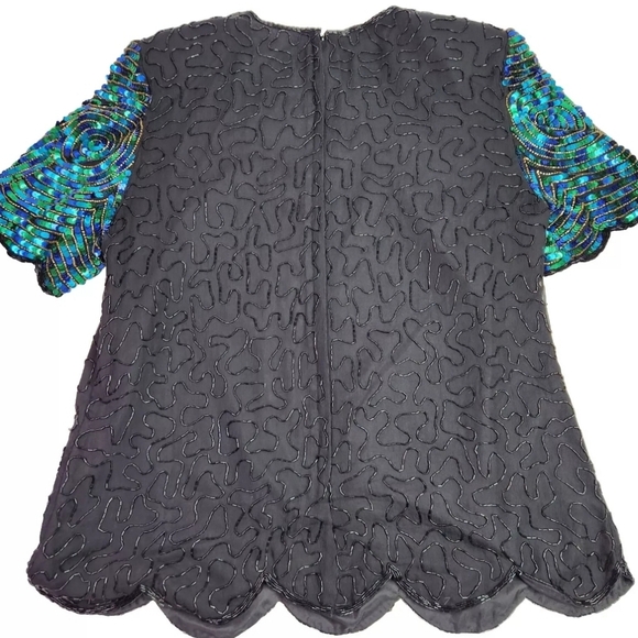 Vintage Royal Feelings Womens Silk Sequin & Beaded Blouse Turquoise & Black 1X - Picture 2 of 10